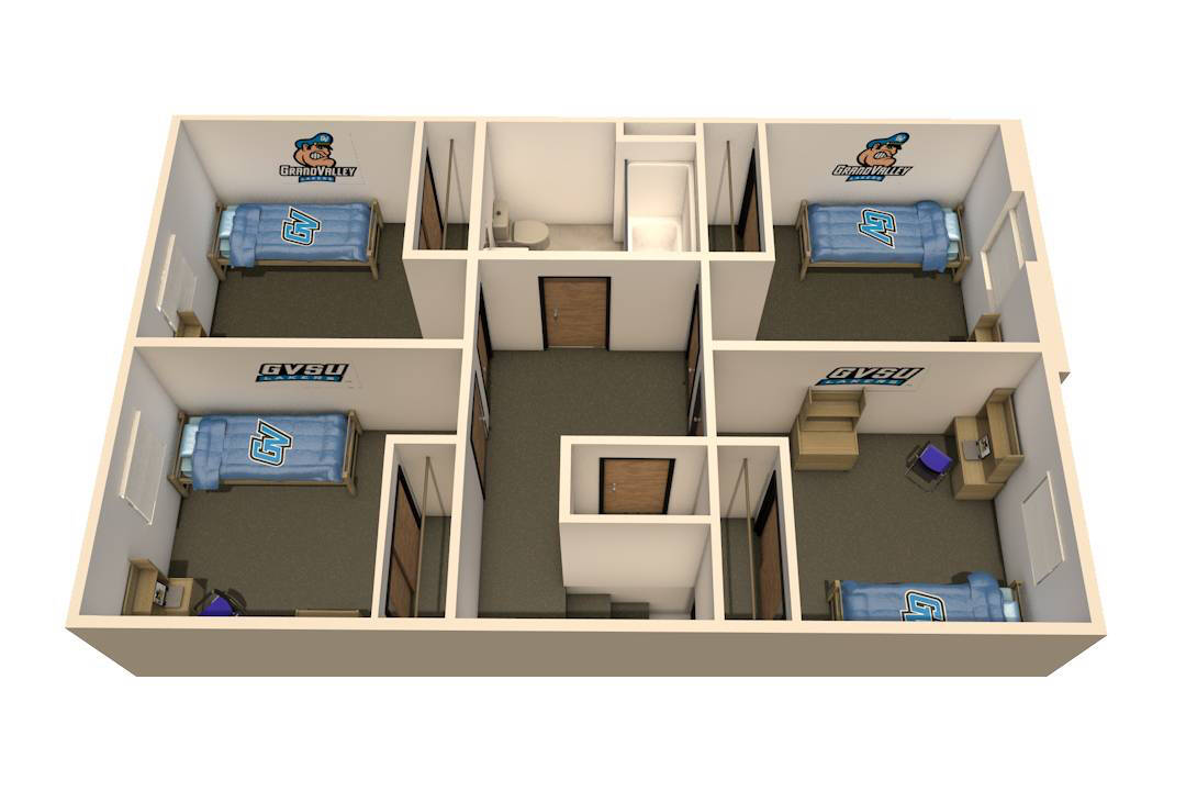 2nd floor style of Laker Village 4 bedroom apartment with four bedrooms, each with one bed, and one bathroom.